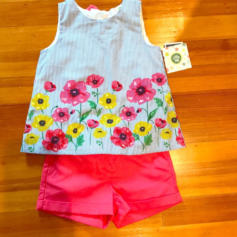 Little me girl short top set floral seersucker NWT